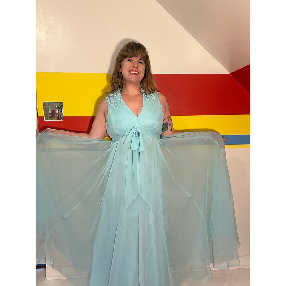 1970s 70s vintage gown maxi dress Tiffany blue chiffon bow bridesmaid cocktail